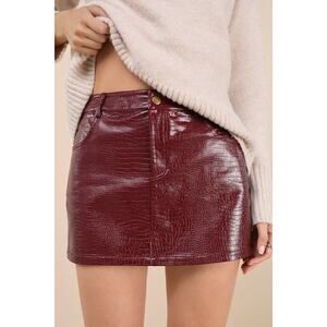 Lulus Excellent Mood Burgundy Croc-embossed Vegan Leather Mini Skirt Red